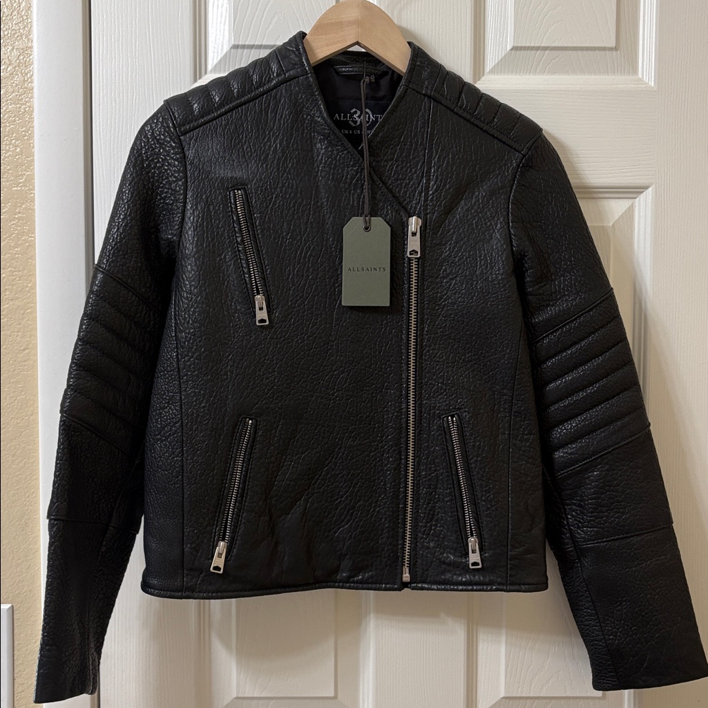 All Saints Classic Black 100% Sheep Leather Biker Jacket, Not Collar.Small